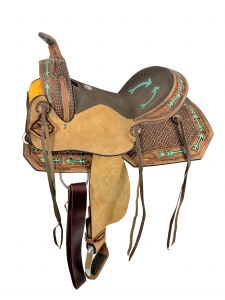 15" Double T Youth Hard Seat Western saddle with teal arrow Accents